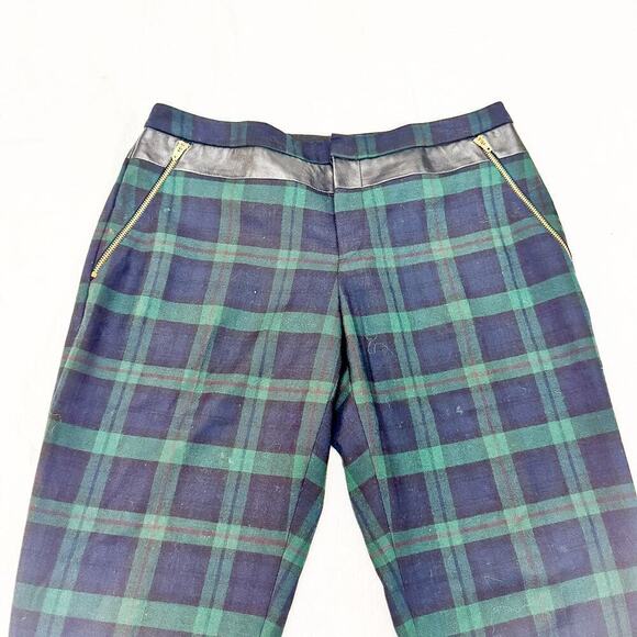 Club Monaco Plaid Patterned Straight Leg Green Slack Pants Leather Banded Size 4 - Picture 6 of 10